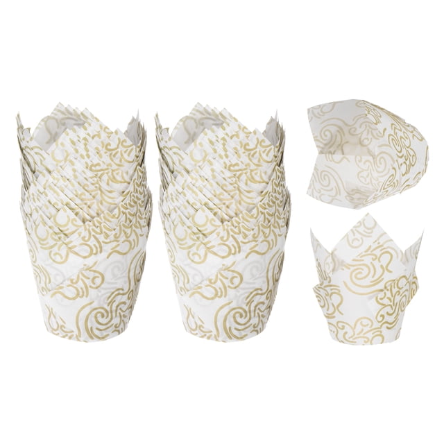 200 Pcs Tazas de Hornear Tulipán for Cupcakes Muffins Forros de Papel Resistente a la Grasa para Bodas, Blanco/Dorado
