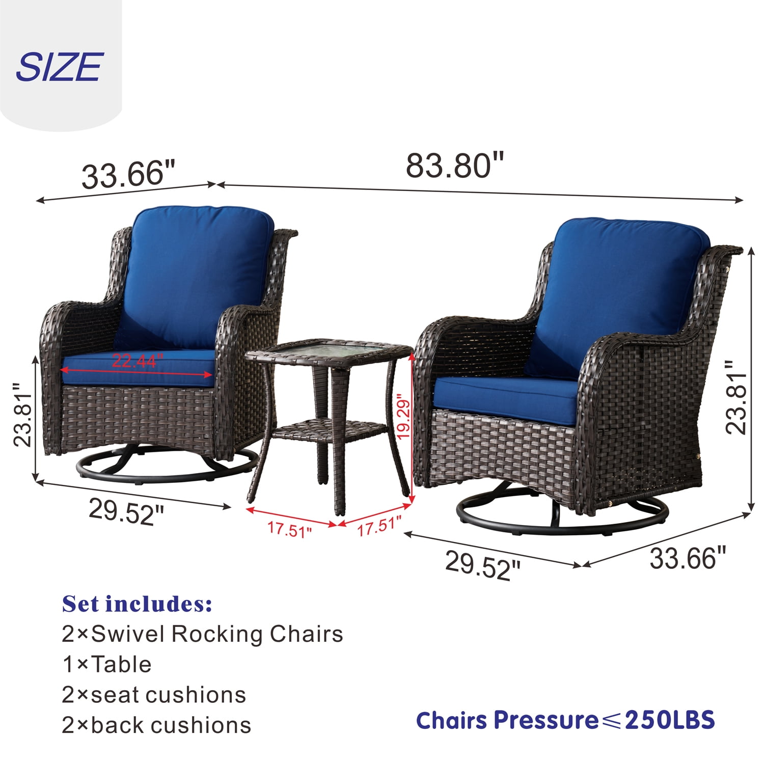 Ovios 3 Pieces Outdoor Furniture Wicker Patio Bistro Set with Swivel Chairs and Soft Cushions for Garden Backyard