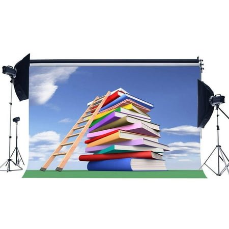 Image of ABPHOTO Polyester 7x5ft Graduation Ceremony Backdrop Books with Wood Ladder on Green Grass Meadow Backdrops Blue Sky White Cloud Photography Background for Boys Girls School Party Photo Studio Props