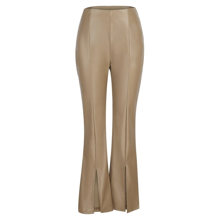 Jalioing Leather Trousers for Women Stretchy Skinny Open Bottom Solid Color  High Rise Straight Pants (X-Large, Khaki)