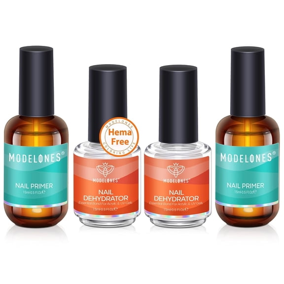 Modelones 4Pcs Nail Dehydrator and Primer, Acid Free Natural Nail Prep Dehydrate & Bond Primer, Bonding Primer for Acrylic Powder Nail Supplies