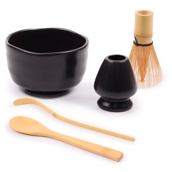 BambooMN Matcha Bowl Set (Includes Bowl, Rest,Tea Whisk, Chasaku, & Tea Spoon) 2 Sets Black