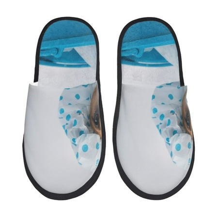 

Fuzoiu Terrier Takes A Bath With Shower Cap Print Unisex Furry Slippers Plush Indoor Shoes Trendy House Slippers Anti-Skid EVA Sole House Shoes for Home Office and Travel -Large