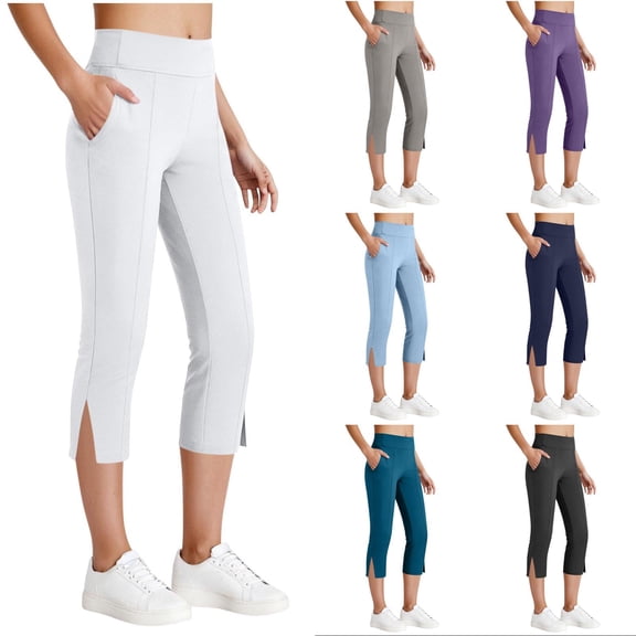 Inglocry Capri Pants for Women High Waisted Yoga Pants with Pockets - Cropped Workout Leggings for Athletic, Casual Summer Gray L