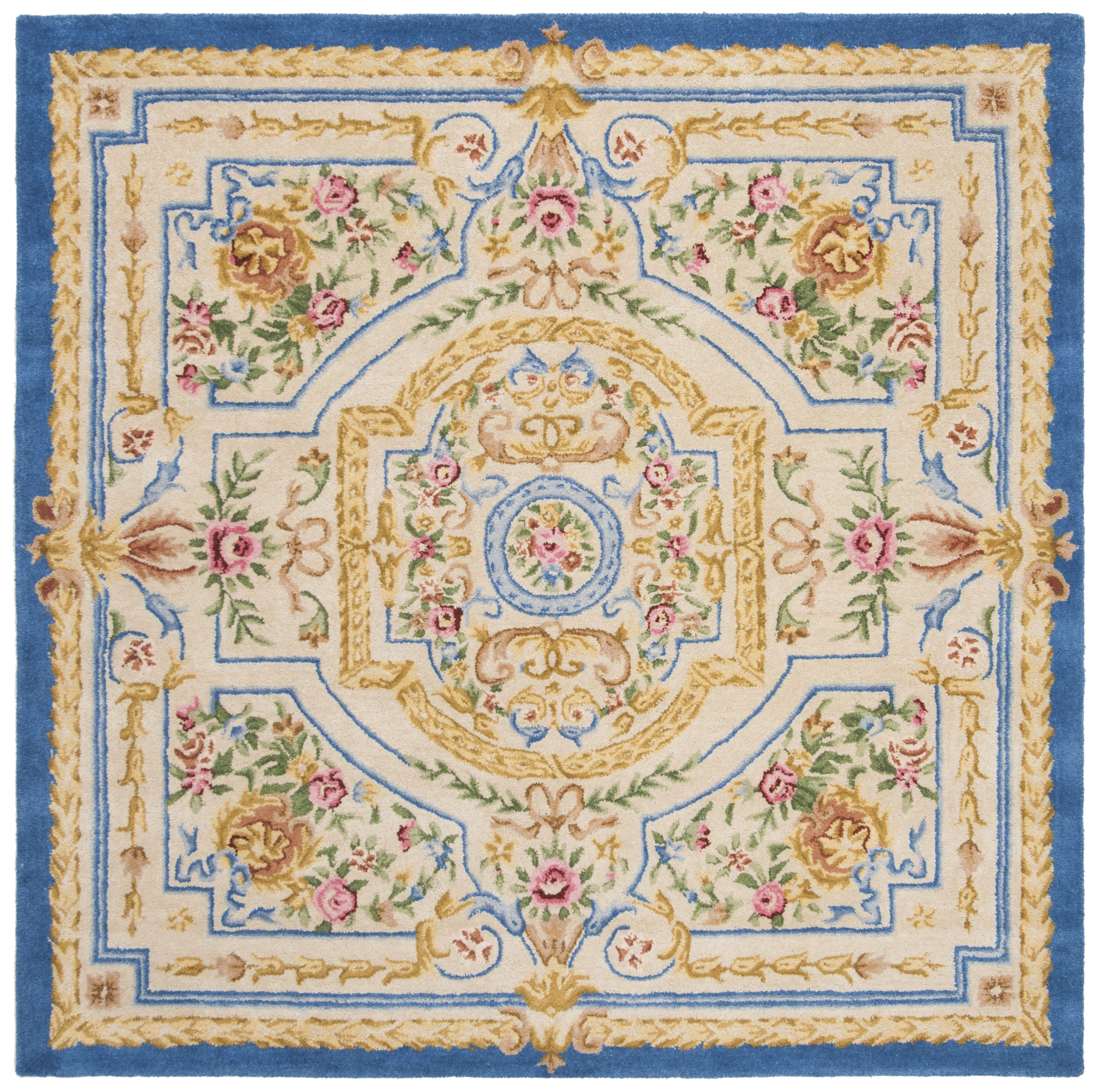 SAFAVIEH Savonnerie Barrfind Floral Wool Area Rug, Blue/Ivory, 6' x 6' Square