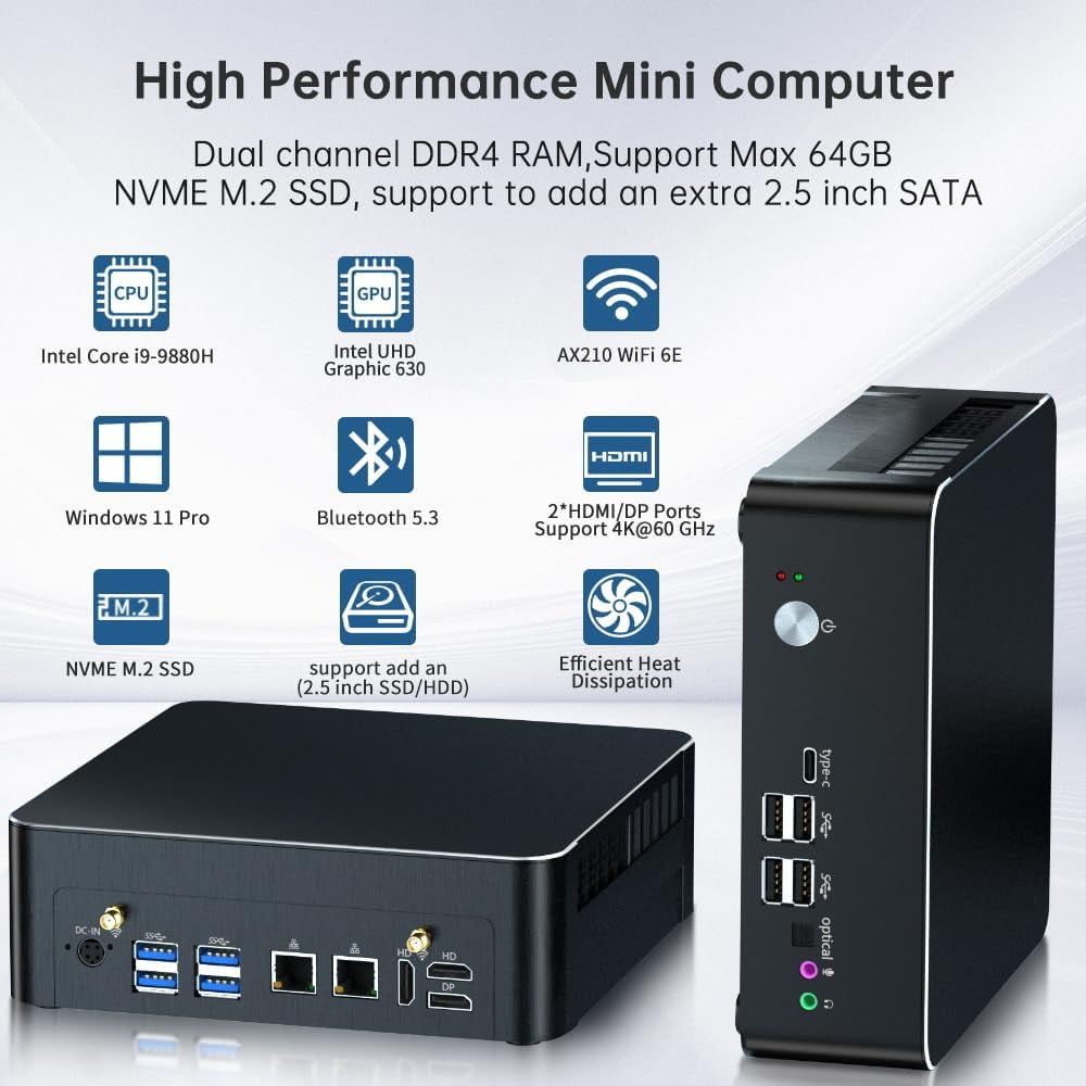 Mini PC with Core i9-9880H 2.3 up to 4.8GHz, 16G DDR4 1T PCIE3.0 NVME SSD, Windows 11 Pro DP/HDMI/Type-C 4K@60Hz Triple Display, 2x2.5G RJ45 LAN, WIFI6E/BT5.3