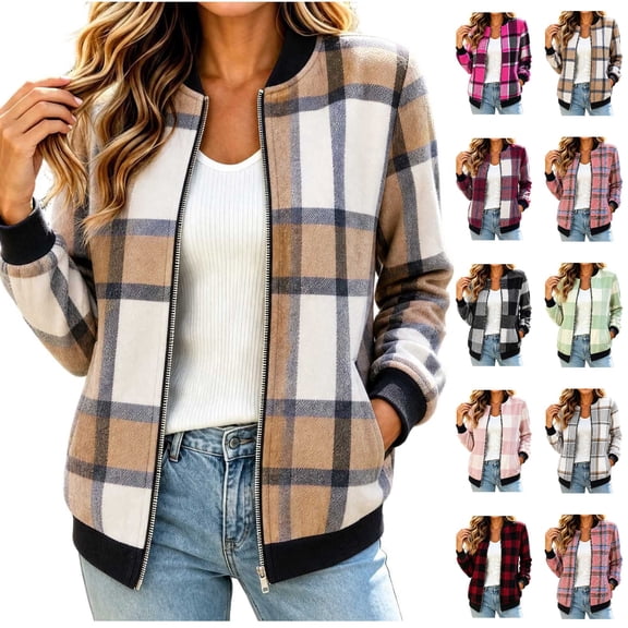 Ihhxva Women's Plaid Bomber Jacket, Cropped Zip Up Long Sleeve Coat with Pockets, Collared Checkered Casual Winter Fashion Outerwear, S - 2XL