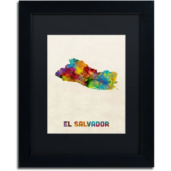 Trademark Fine Art "El Salvador Watercolor Map" Canvas Art by Michael Tompsett, Black Matte, Black Frame