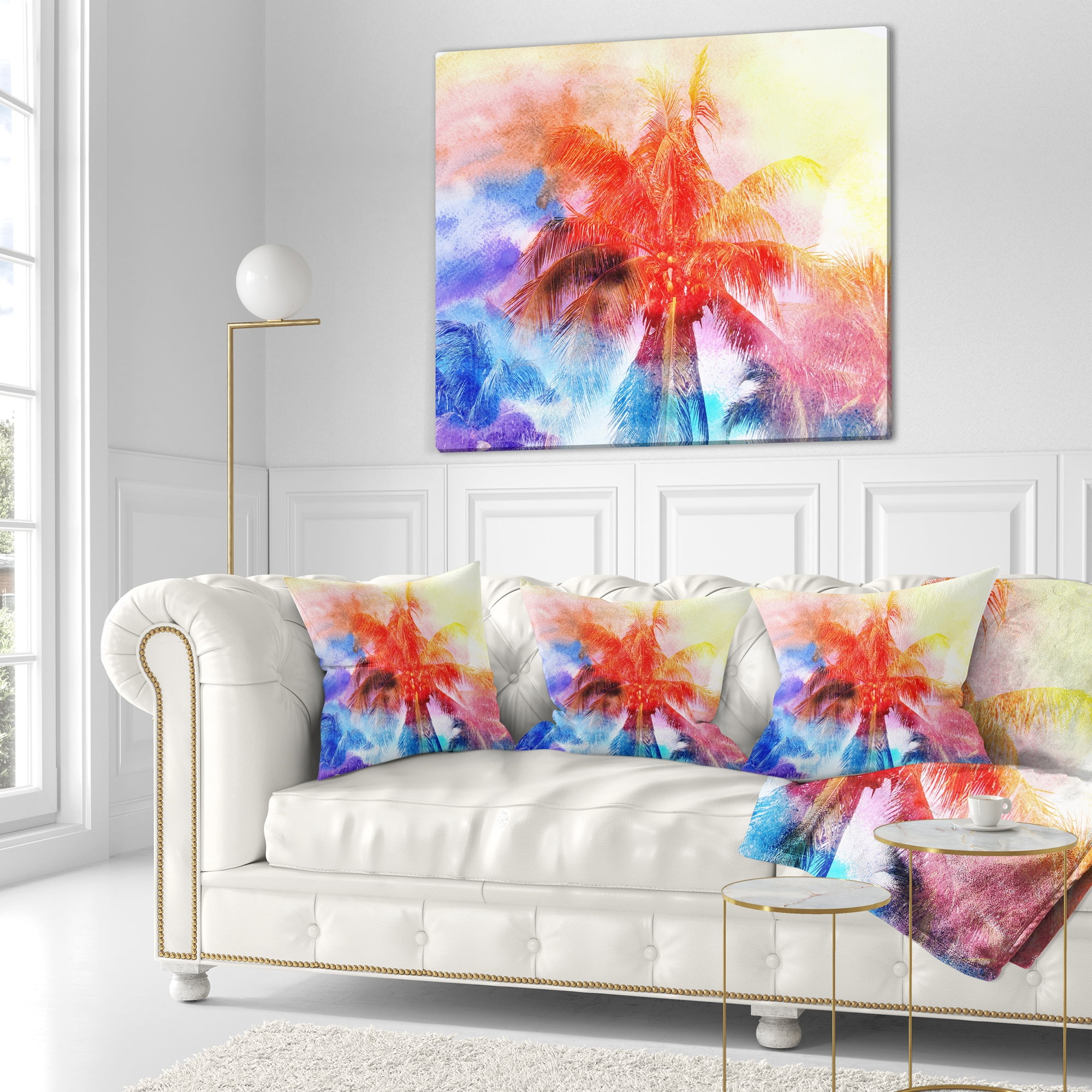 Designart Retro Palms Red Watercolor - Trees Painting Throw Pillow - 16x16