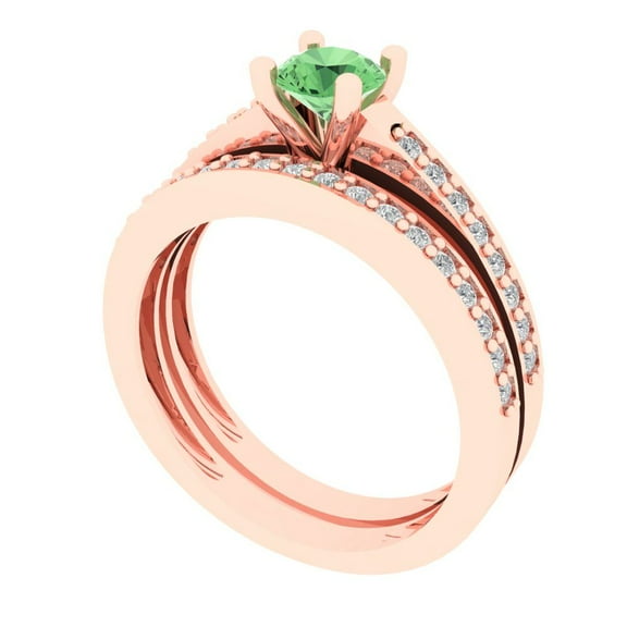 Clara Pucci 18K Rose Gold 0.86 Simulated Green Diamond Engraveable Engagement Ring   Wedding Band Set