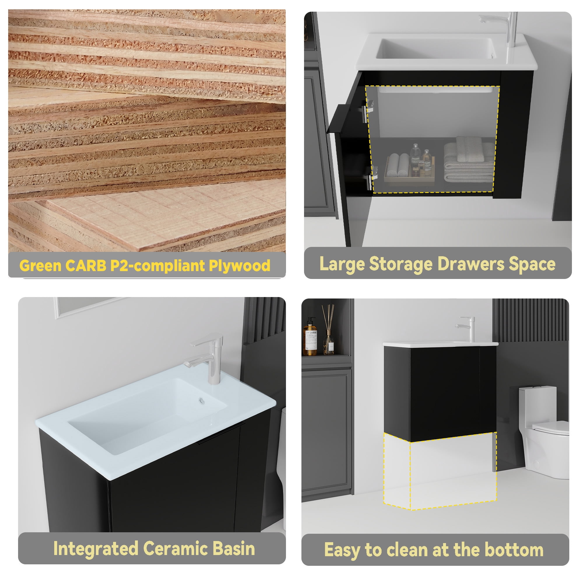 Leumius 22" Floating Bathroom Vanity with Ceramic Sink & Soft-Close Doors,Wall-Mounted Vanity for Small Space,Bathroom,Black