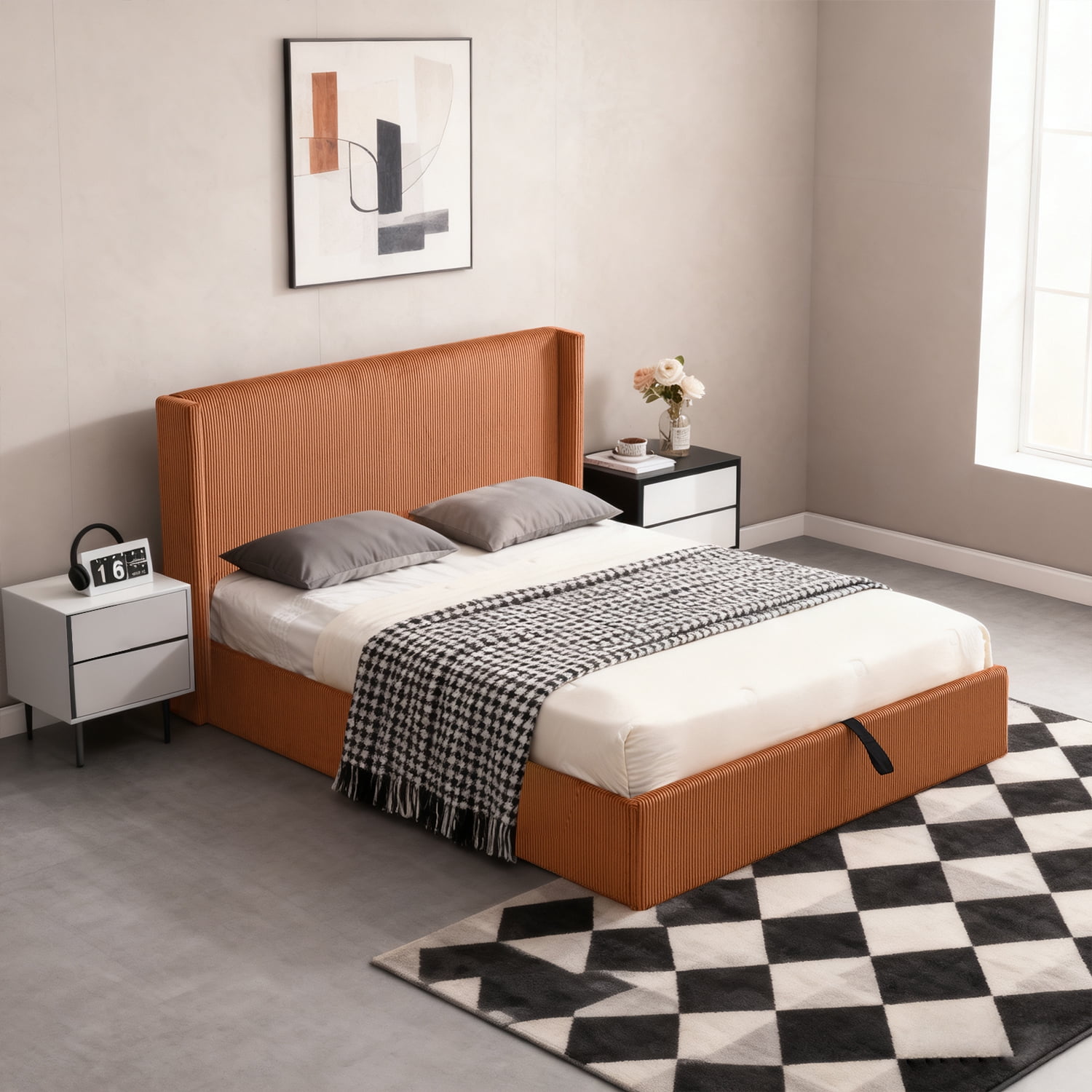 Queen Size Bed Frame with Lift Up Storage, Corduroy Upholstered Platform Bed with Wingback Headboard, No Box Spring Needed, Hydraulic Storage, Orange
