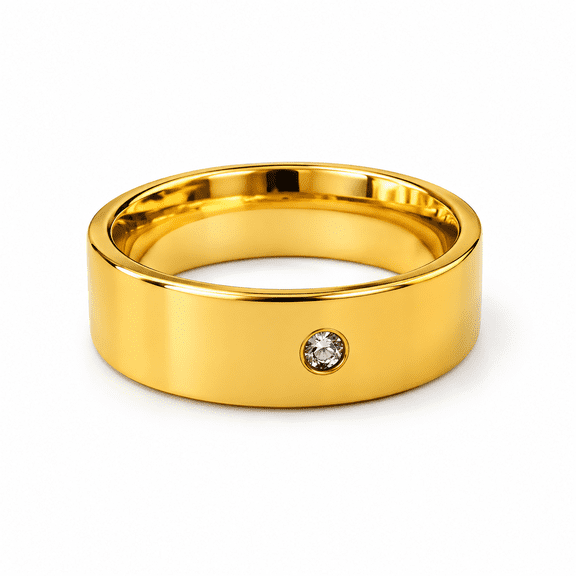 Gold Tone Stainless Steel Ring with Single Crystal Accent for Women & Men, Minimalist Band Ring, Size 7, Everyday Fashion Jewelry