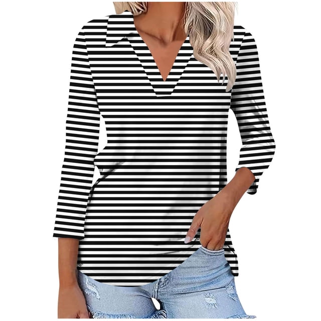 Timegard Tuniques Rayées pour Femmes Col à Revers en V Manches 3/4 T-Shirts Blouses Décontractées Mode