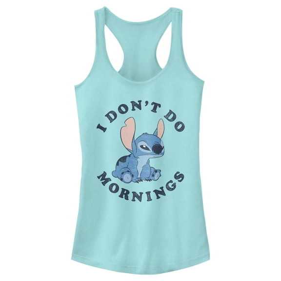 Junior's Lilo & Stitch I Don't Do Mornings Stitch Distressed  Racerback Tank Top Cancun X Small