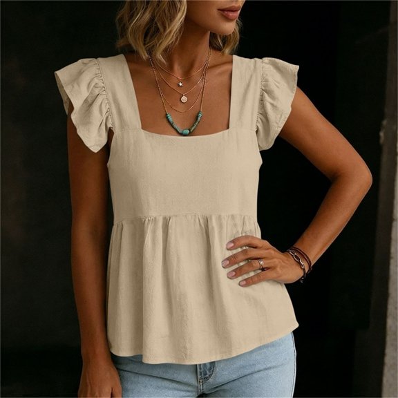 Tops for Women Square Neck Cotton Linen Blouse Ruffle Sleeves Peplum Top Sweet Casual Summer Clean Outfits Khaki M