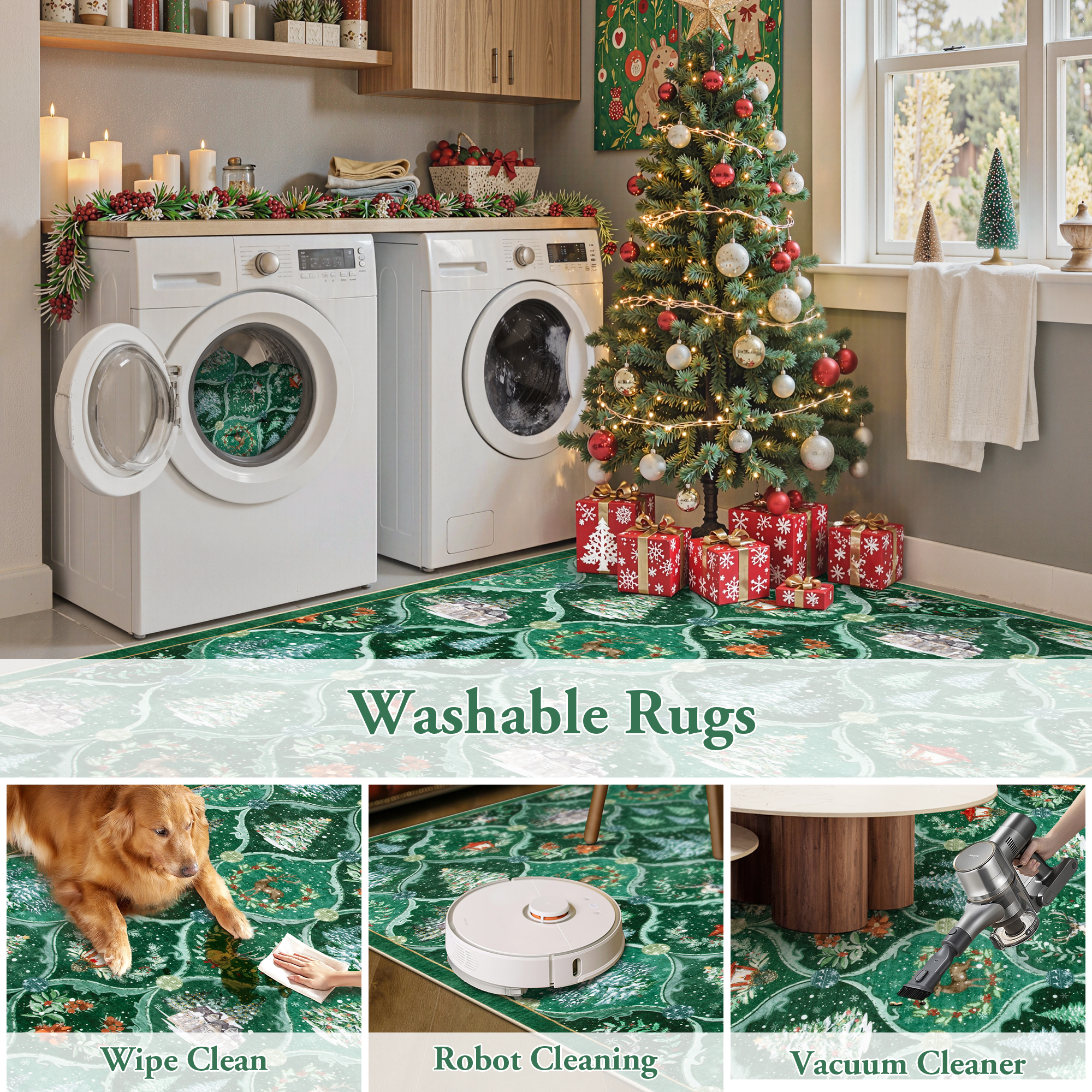 Moynesa 8'x10' Christmas Area Rug for Living Room, Large Rug Xmas Tree Modern Rug Kitchen Rug Washable Rug Non Slip Moroccan Carpet Holiday Decor Soft Accent Rug for Bedroom Dining Room, Green