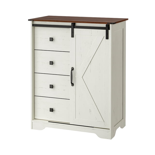lios Innova | Mueble Organizador con 4 Cajones y 1 Puerta Corrediza Estilo Rústico, Comoda Cajonera Alta de MDF con Acero y Tela.