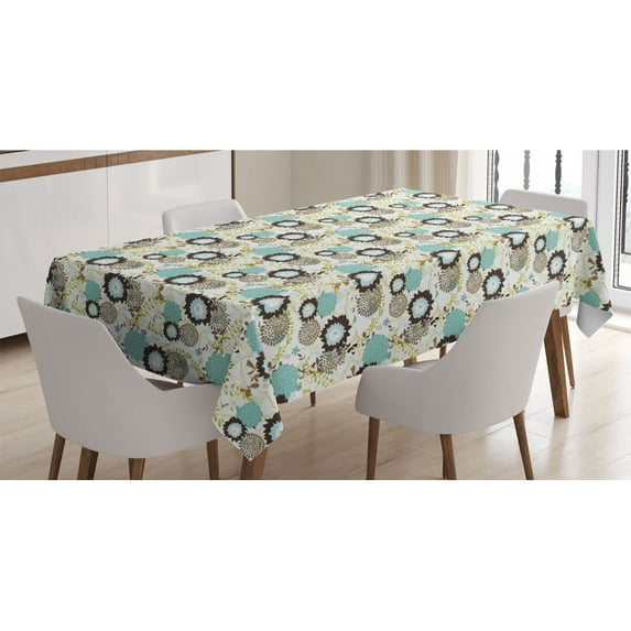 Vintage Tablecloth, Abstract Pattern of Old Fashioned Exotic Flowers Retro Revival Blossoms, Rectangle Satin Table Cover for Dining Room and Kitchen, 60" X 84", Seafoam Brown Green, by Ambesonne