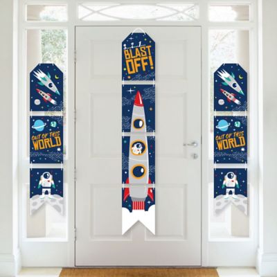 Blast Off to Outer Space - Hanging Vertical Paper Door Banners - Rocket Ship Baby Shower or Birthday Party Wall Decoration Kit - Indoor Door Decor