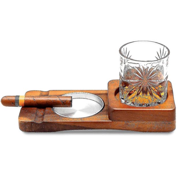 Posavasos para cenicero de cigarros/bandeja de vidrio para whisky y soporte para cigarros, cenicero de madera para cigarros, ranura para sostener cigarros, reposacigarros, juego de