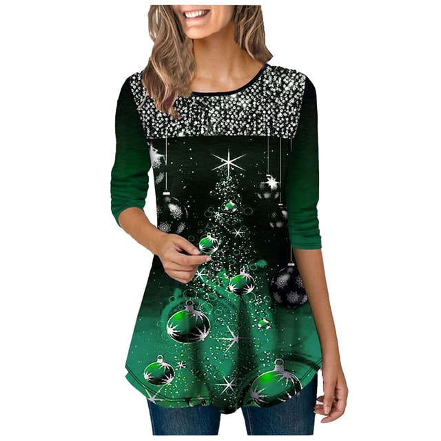 CEHVOM T-Shirt Décontracté à Manches Longues pour Femmes, Col Rond, Imprimé de Noël, Blouse Chandail