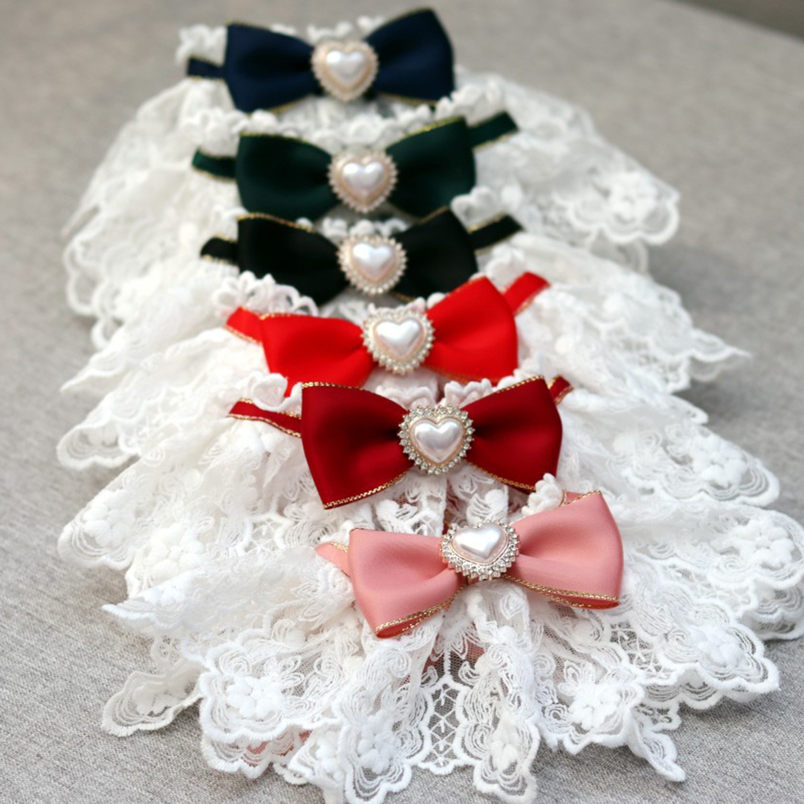 Pet Collar Hollowed Lace Bowknot Faux Pearl Rhinestone Decor Dress Up Breathable Cat Dog Scarf Bib Necklace Photo Props Chihuahua Yorkie Clothes Accessories