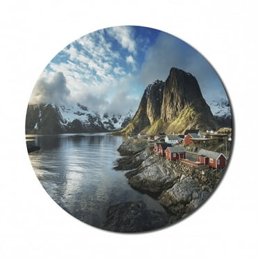 Island Mouse Pad for Computers, Fishing Hut Photo in Autumn with Rocks and Clouds Scenery Northern Norway Cold, Round Non-Slip Thick Rubber Modern Mousepad, 8" Round, Blue Grey White, by Ambesonne
