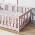 thumbnail image 4 of Twin Size Floor Bed with Fence, UHOMEPRO Montessori Floor Bed with Slats and Safety Guardrails, Solid Wood Twin Bed Frame for Bedroom, Pink, 4 of 13