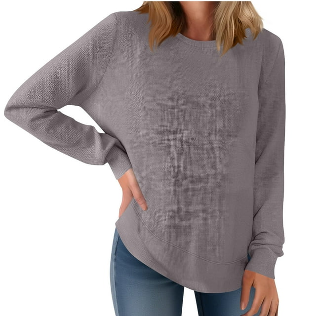 Lyrcatrment Hauts pour Femmes Manches Longues Chemises Légères Automne Hauts Tendance Col Rond Tricot T-Shirts Basiques