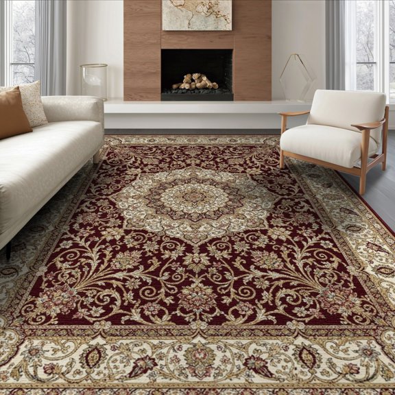 ODIKA 8'x10' Washable Area Rug Non-Shedding, Easy Care, Oriental Medallion With Floral Border And Ornate Scroll Motifs Vintage Flowing for King Size Bedroom Under Bed, Master Suite