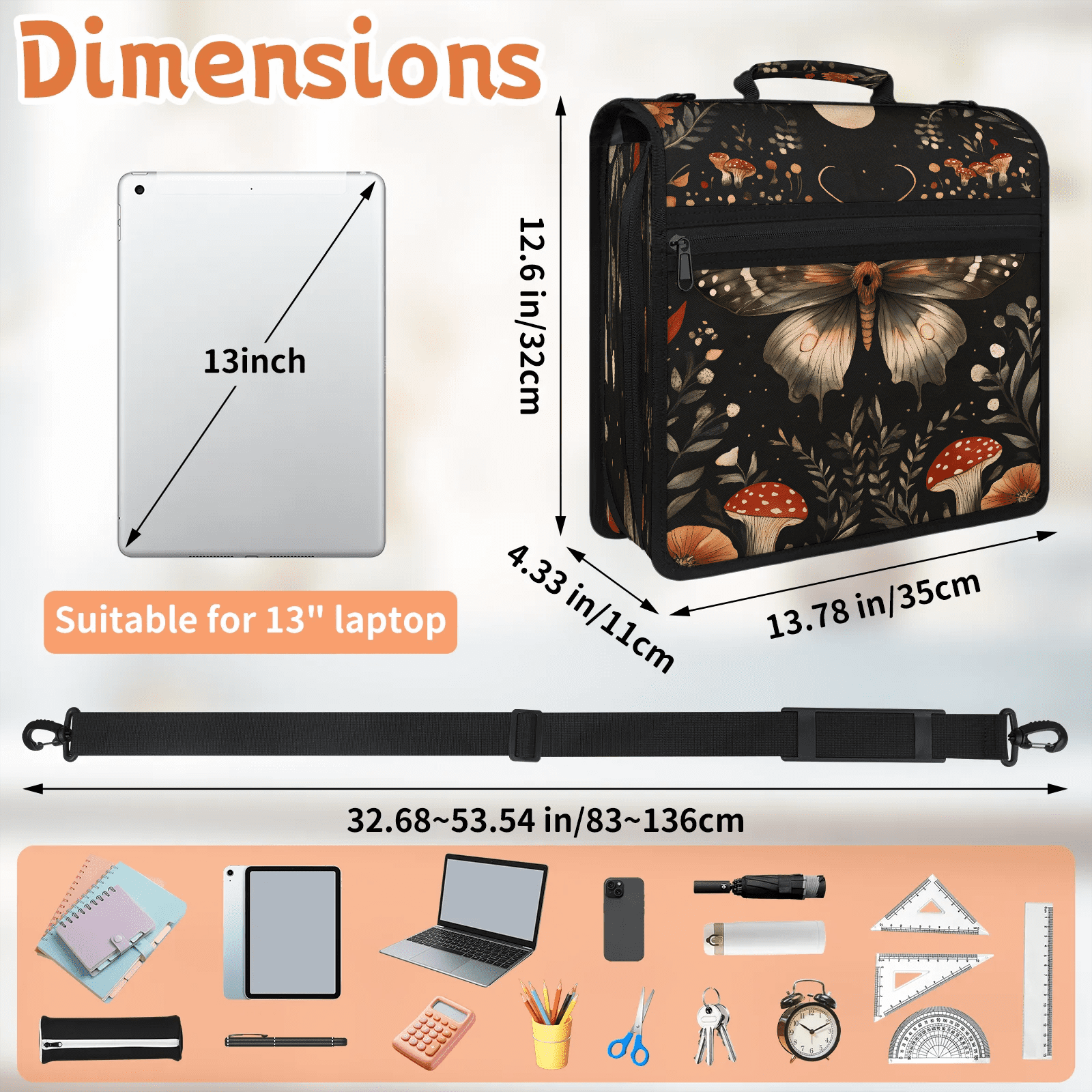 Herdesigns Butterflies Zipper Binder with Shoulder Strap, Waterproof 1.5 Inch 3 D-Ring Binder Organizer Bag, Fits 13 Inch Laptop for Work, Animal