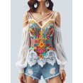 thumbnail image 4 of Blusas sexis con estampado floral calado para mujer, camisas elegantes con cuello en V y manga larga de encaje, blusas casuales sin tirantes para otoño para mujer, 4 of 4