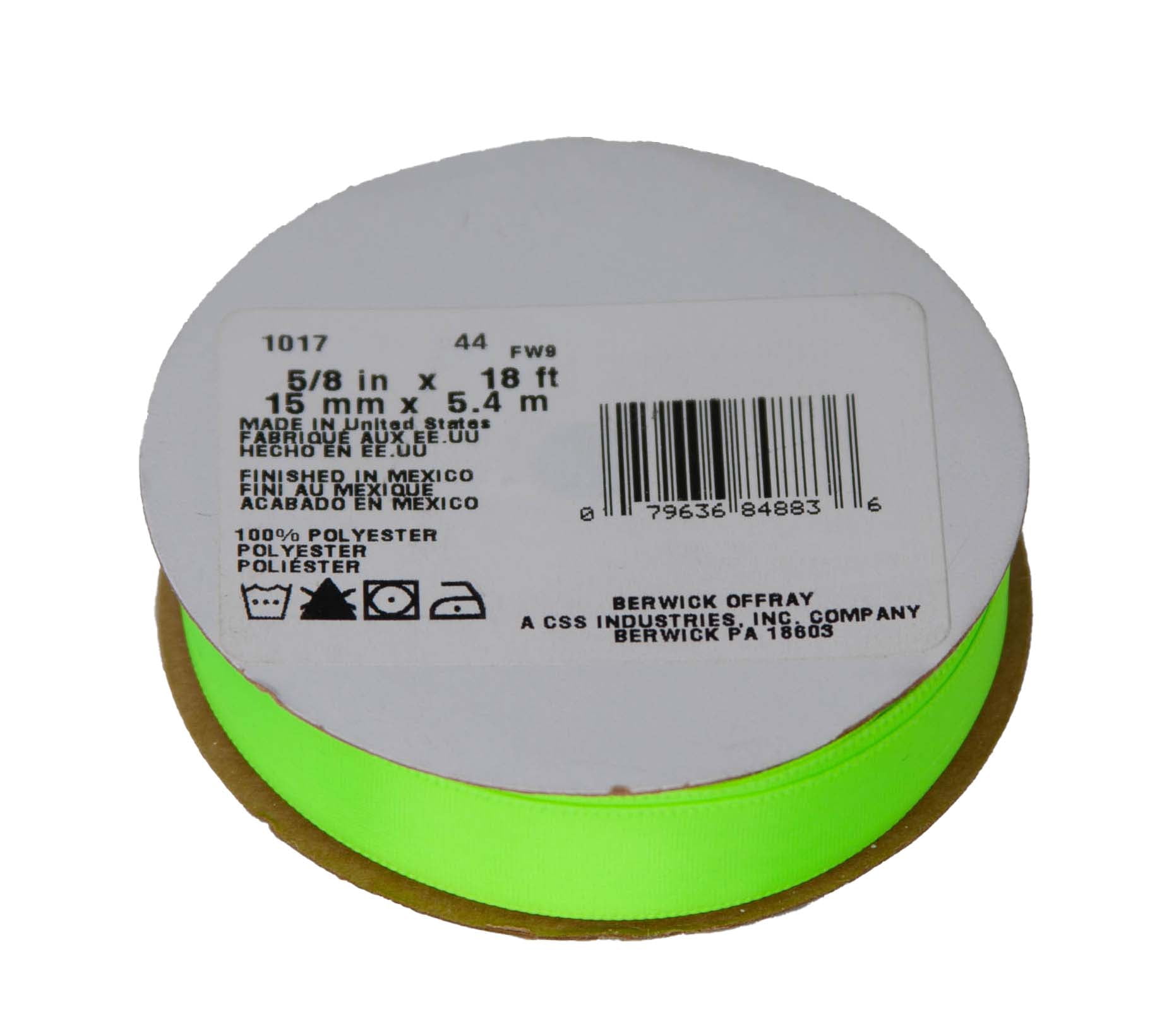 Offray Ribbon, Neon Green 5/8 inch Single Face Satin Polyester Ribbon, 18 feet