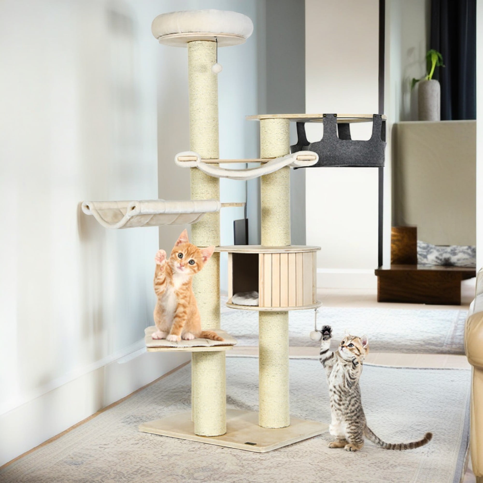resenkos 77" Modern Cat Tree Tower for Indoor Cats, Large Wood Cat Condo with Scratching Post and Removable Pads for Small Large Cats, Beige