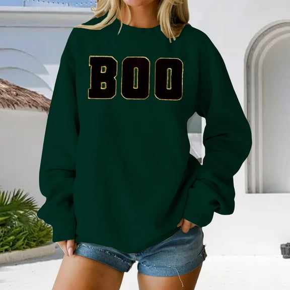 BODOAO Halloween Sweatshirt for Women Cute Boo Graphic Shirt Crewneck Ghost Pullover Sweater Tops Cute Spooky Season Shirt Long Sleeve Fall Winter Pullover Tops Blackish Green L
