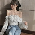 thumbnail image 4 of JANDEL Korean Unique Style Women's Solid Slash Neck Sexy Bandage Navel Exposed Long Sleeve Shirt Blouses, 4 of 9