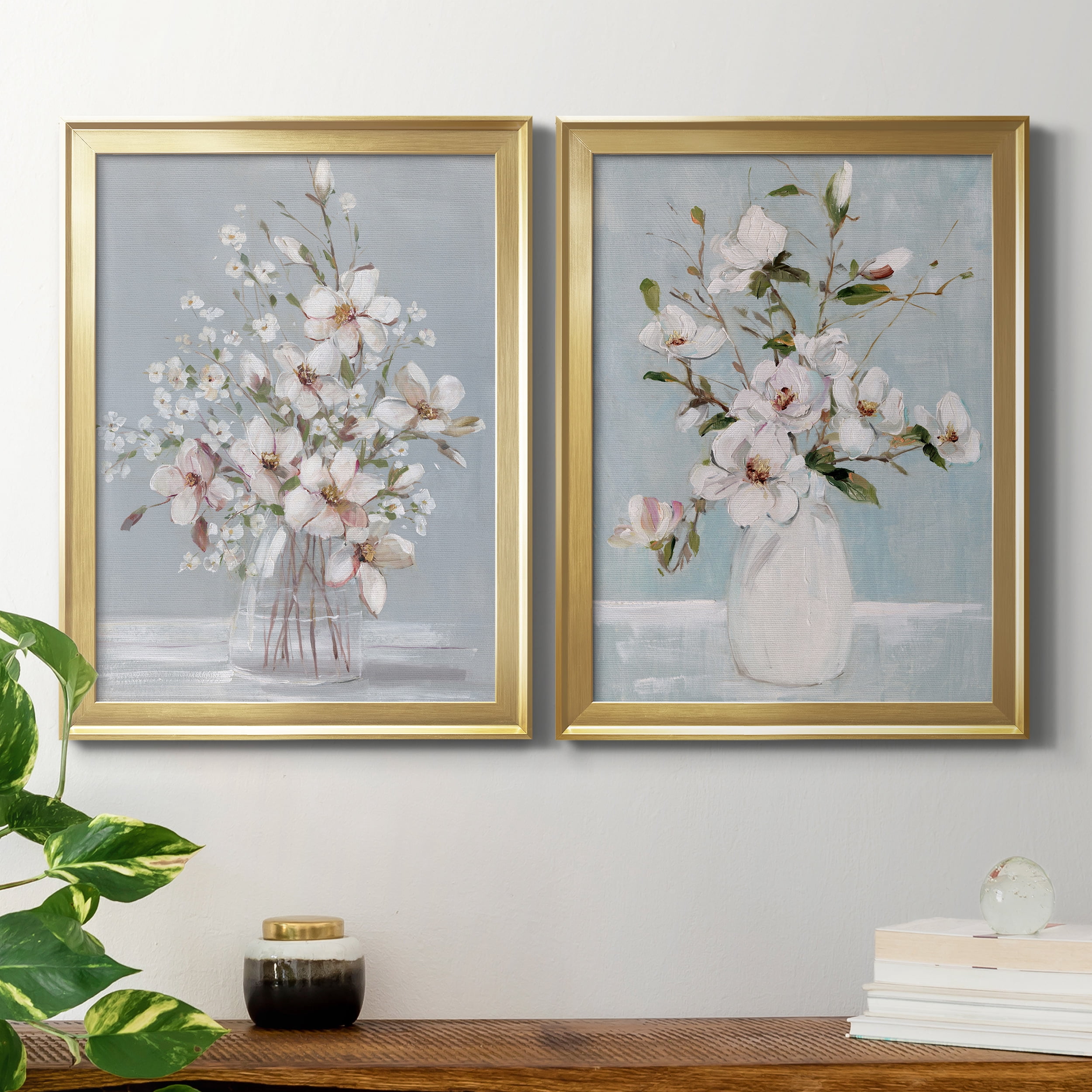 2 Piece Set Magnolia Romance Premium Framed Canvas - Ready to Hang - 22.5 x 30.5 Each - Gold Frame