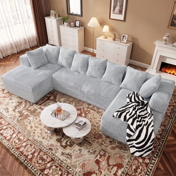 SEENYOO 130" Boneless Couch, Modern Couches for Living Room, U-Shaped 4-Seat Modular Sofa with Chaise, Oversized, No Assembly, Gray