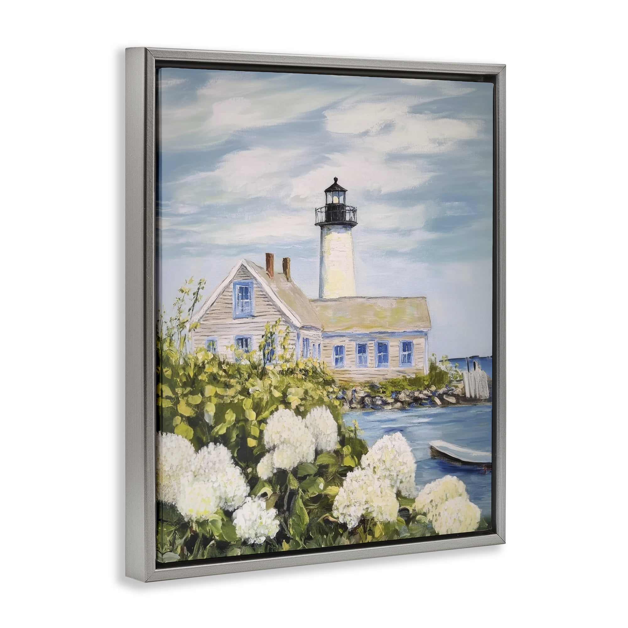 Stupell Industries Lighthouse Scenery with Hydrangeas Gray Framed Floater Canvas Wall Art, design by Sisi and Seb