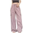 thumbnail image 2 of Wycnly Womens Cargo Pants Womens Dress Pants Fashion Drawstring Elastic Waist Straight Leg Cargo Pants Casual Solid Loose Ladies Long Pants Trousers with Pocket Fall, 2 of 7