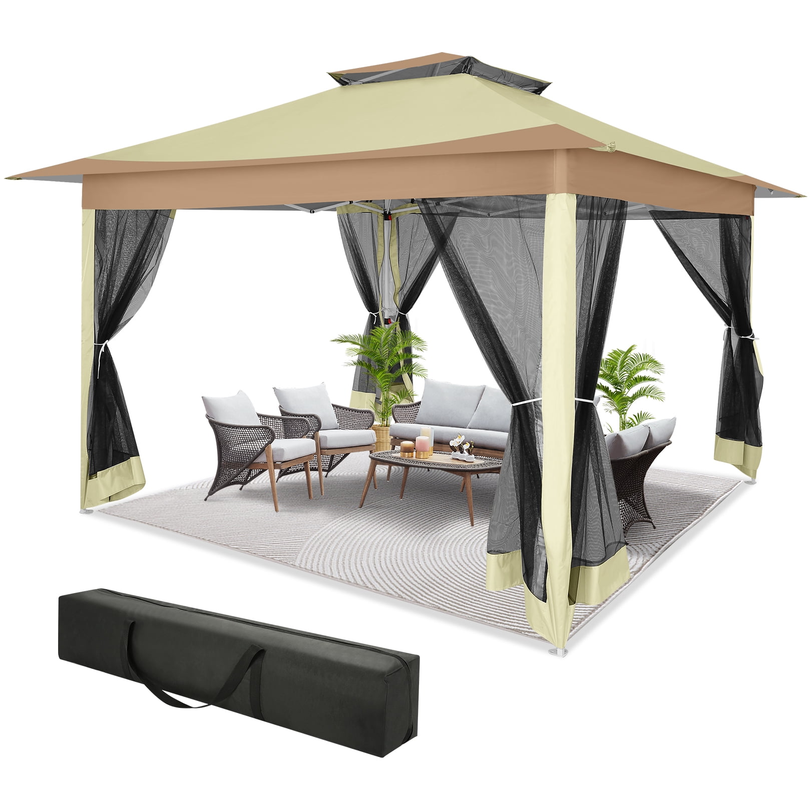 SANOPY 12x12FT Outdoor Pop up Gazebo with Mosquito Netting, Shade and Rain Instant Patio Canopy with 4 Sandbags for Garden Backyard, Light Brown