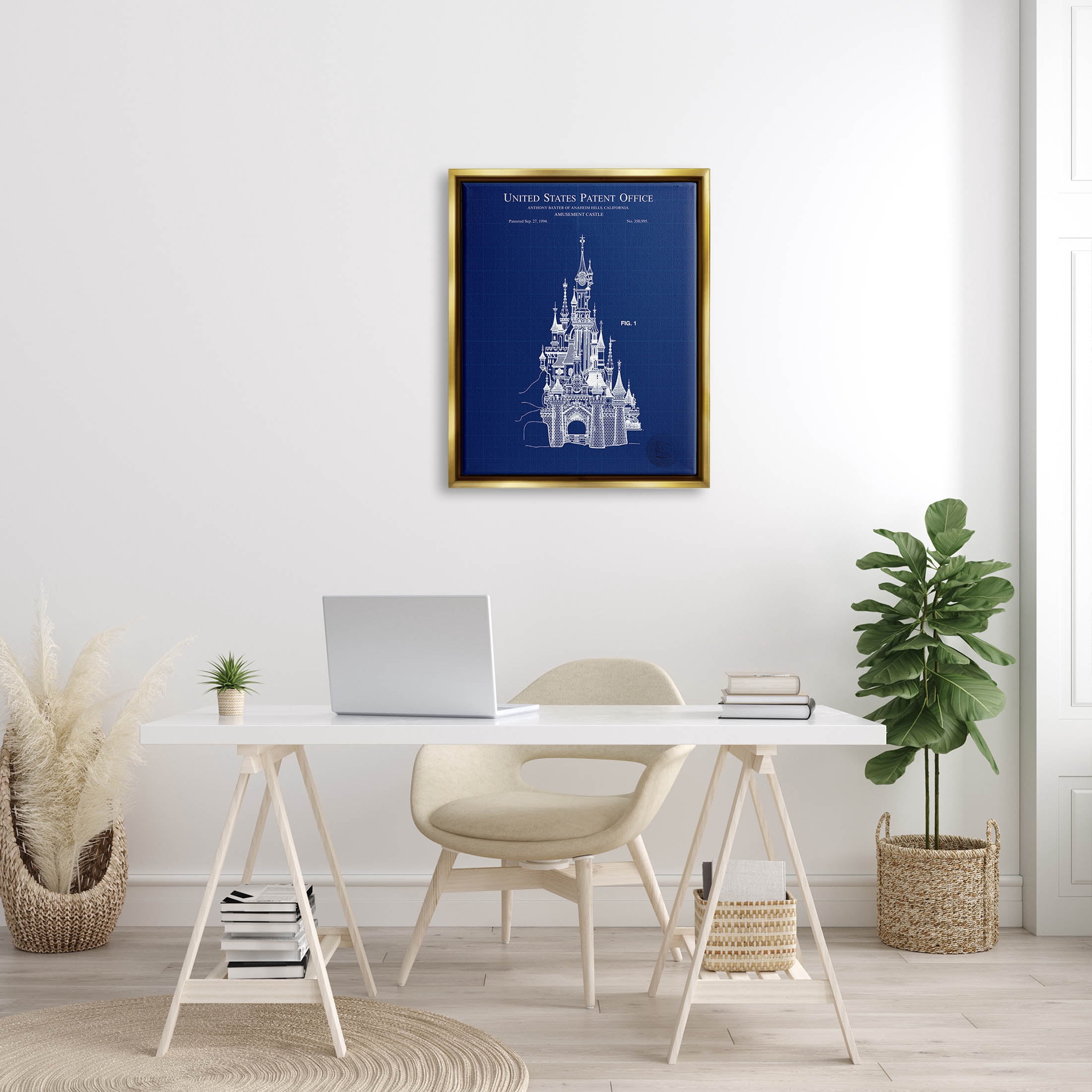 Stupell Industries Amusement Castle Blueprint Graphic Art Metallic Gold Floating Framed Canvas Print Wall Art, Design by Karl Hronek