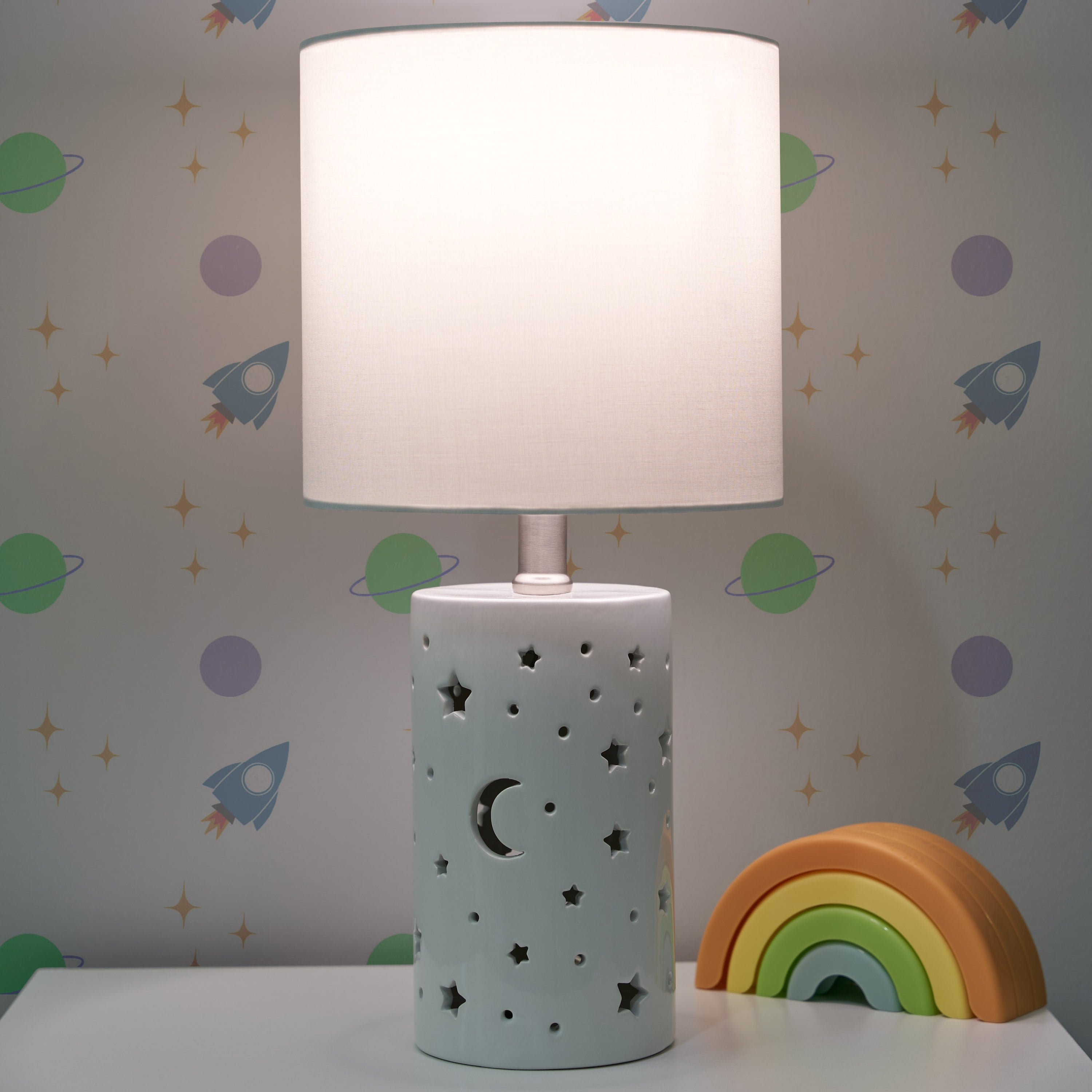 Your Zone Nightlight Table Lamp with White Shade, 8.5"L x 8.5"W x 17"H, Stars and Space-Themed Design