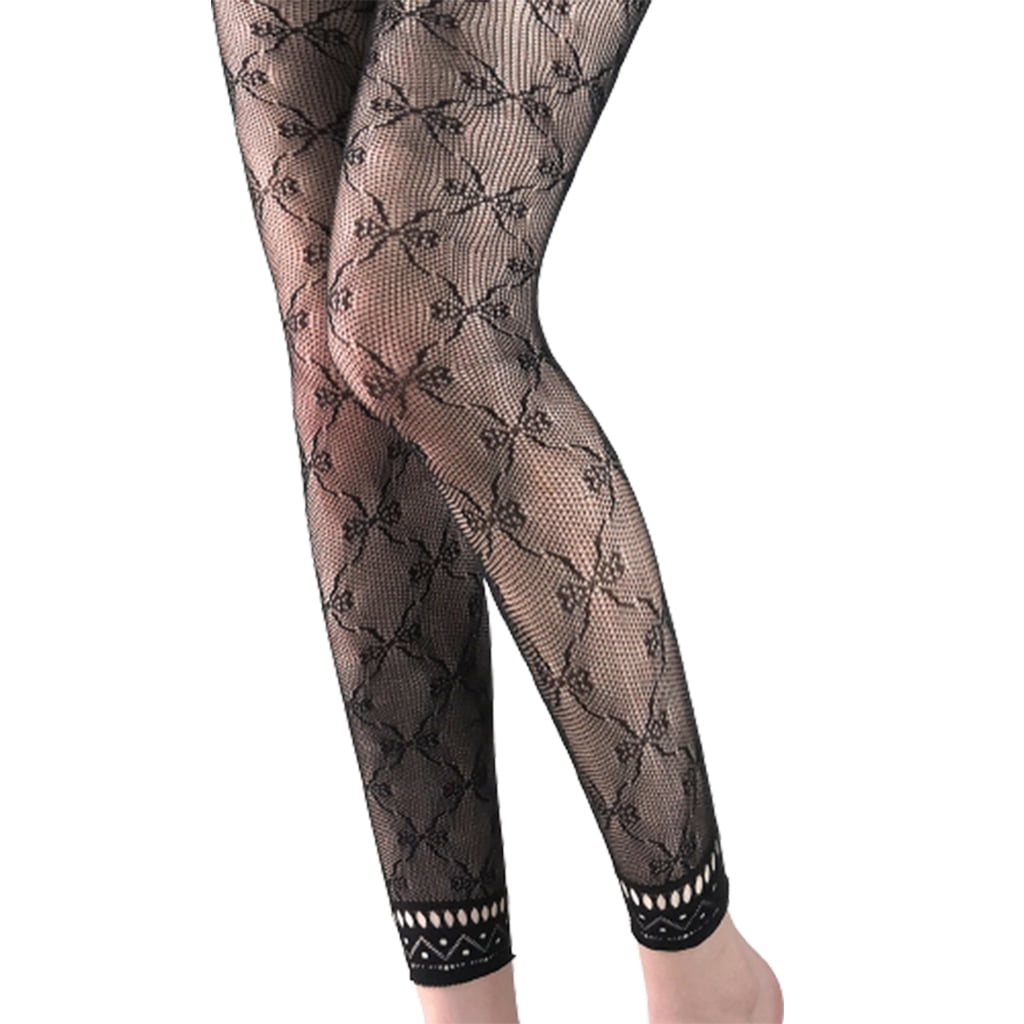 Women Sexy High Waist Footless Leggings Flower Jacquard