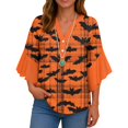 thumbnail image 5 of WTOBBY Women's Halloween Printed V-Neck 3/4 Sleeve Casual Shirt Loose Fit Blouse Tunic Top with Asymmetrical Hem for Fall Holiday Party,Saffron S, 5 of 6