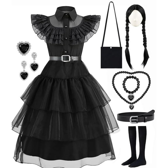 Girls Halloween Costume Fancy Dress with Wig Black for Kids Carnival Party 3-4 Years