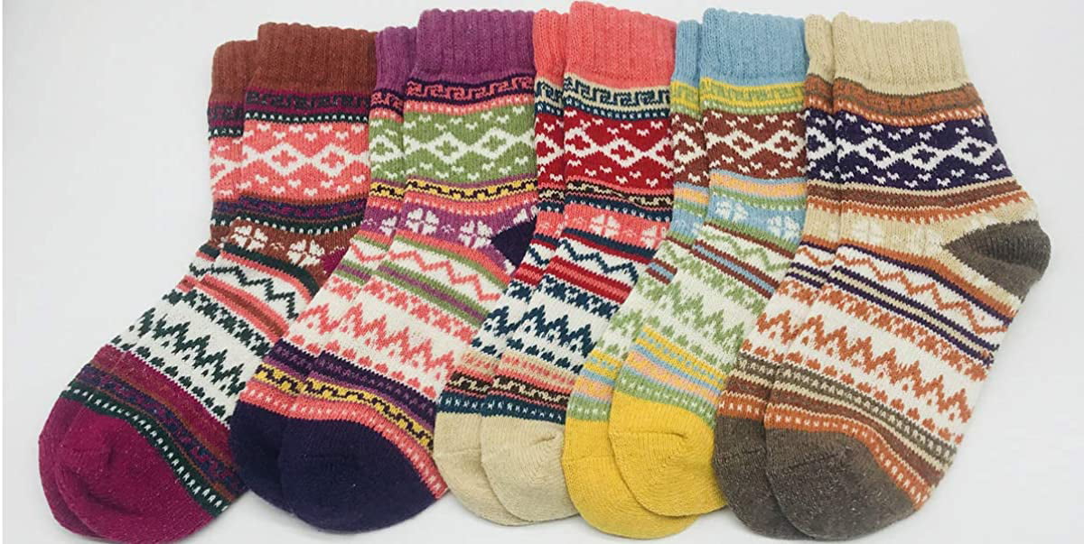Yannik Women's 5 Pair Pack Vintage Style Cotton Knitting Wool Winter Crew Socks 