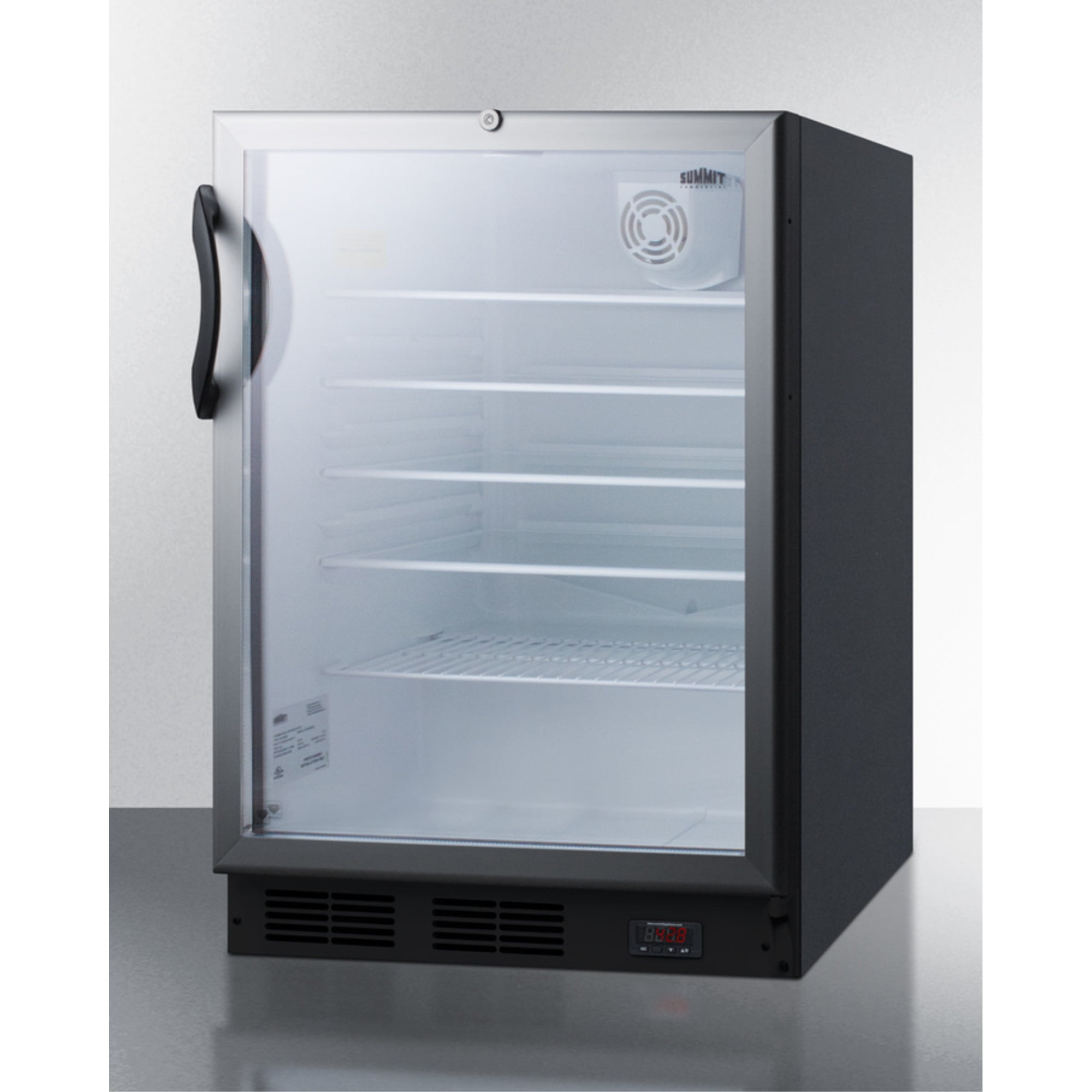 Commercial glass door built-in ADA compliant craft beer and wine refrigerator with digital thermostat, black cabinet, and lock