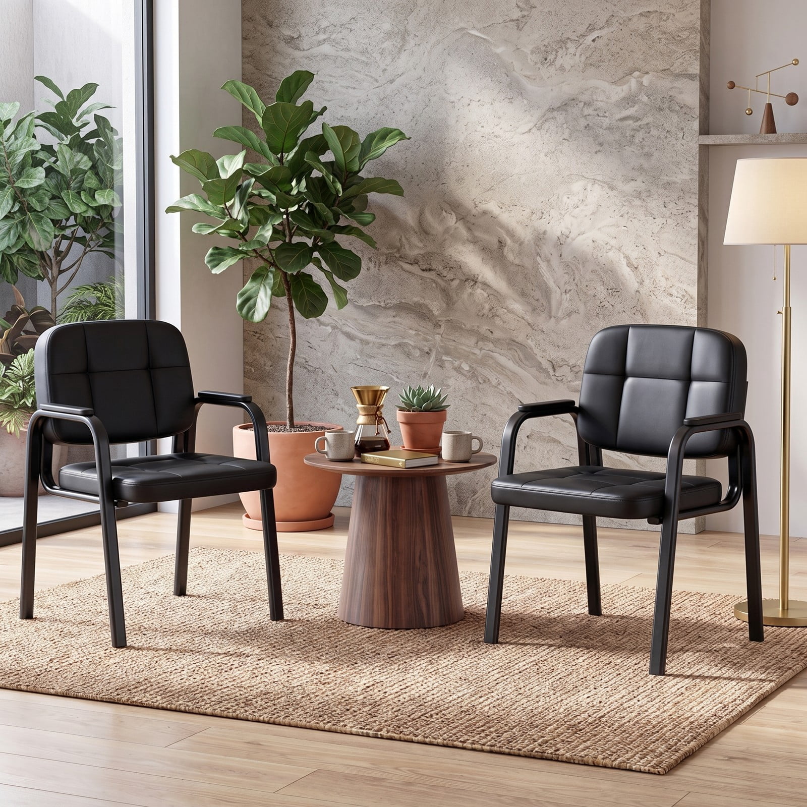 Furnibear Leather Office Reception Chairs, Set of 2 Waiting Room Guest Chairs with Padded Armrests, Ergonomic Waterproof PVC Sled Base Reception Seating for, Black